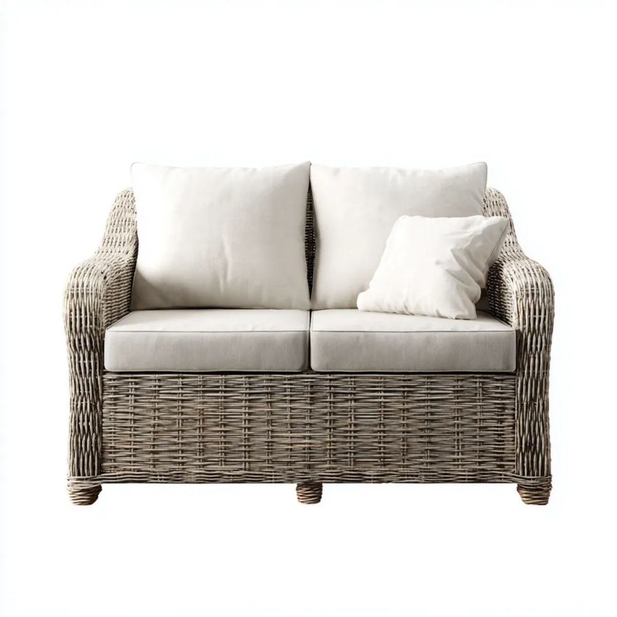 Sofa ogrodowa, 2-osobowa ogrodowy sofa w PE syntetyczna szara z beżowymi poduszkami, 140 x 80 x 85 cm