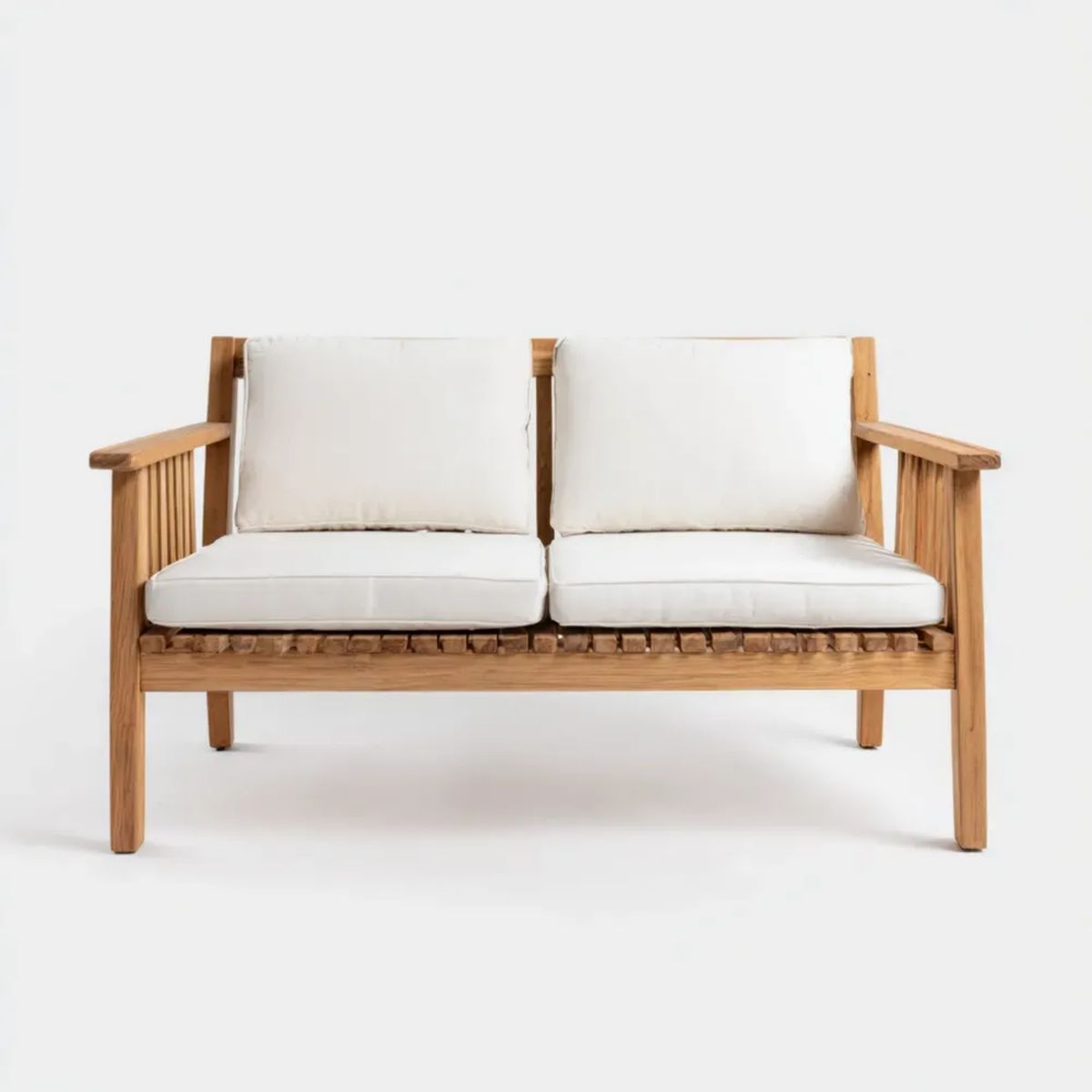 Sofa ogrodowa, 2-osobowa ogrodowy sofa z litego drewna z beżowymi poduszkami, 130 x 75 x 78 cm