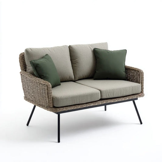 Sofa ogrodowa, 2 miejsca do siedzenia w ogrodzie sofa w beżowym rattan z ciemnozielonym poduszką, 130 x 75 x 82 cm