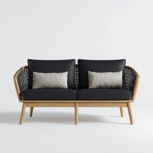 Sofa ogrodowa, 2-osobowa ogrodowy sofa ogrodowa w drewnianej belce i lina brązowa czarna, naturalna i lekko szara, 150 x 75 x 78 cm