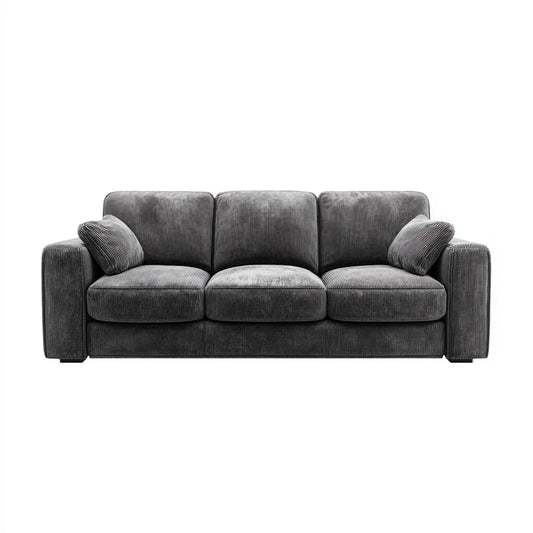 Sofa, 3 fotele szare 210 x 90 x 85 cm aksamitna kanapa w prostokątnym poliestrowym żebrowanym