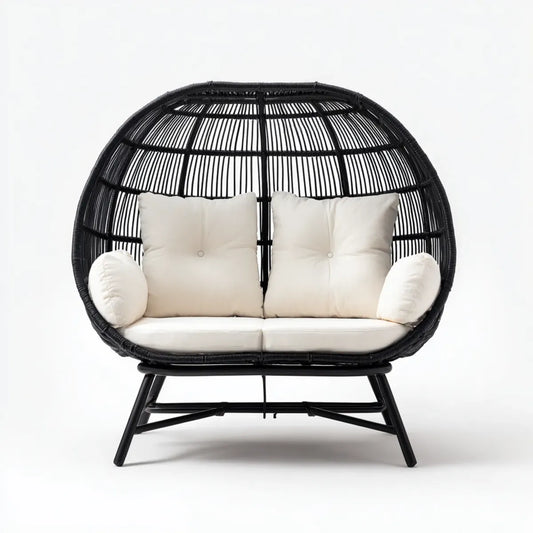 Fotel wypoczynkowy, Podwójny fotel wypoczynkowy Czarny krem 145 x 85 x 145 cm stali PE- rattan owalny