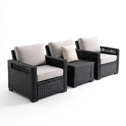 Sofa ogrodowa, Meble ogrodowe 3 elementy z czarnego PE cementowane żywicą cementową z 2 fotelami, stołem do kawy i beżowymi poduszkami, fotelami z kolorowymi fotelami 75 x 75 x 85, 75 x 75 x 85 cm