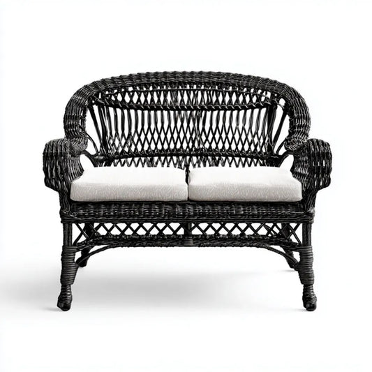 Sofa ogrodowa, 2-osobowa czarny ogrodowy sofa w tkaniną polietylenową z białą poduszką, 120 × 65 × 100 cm