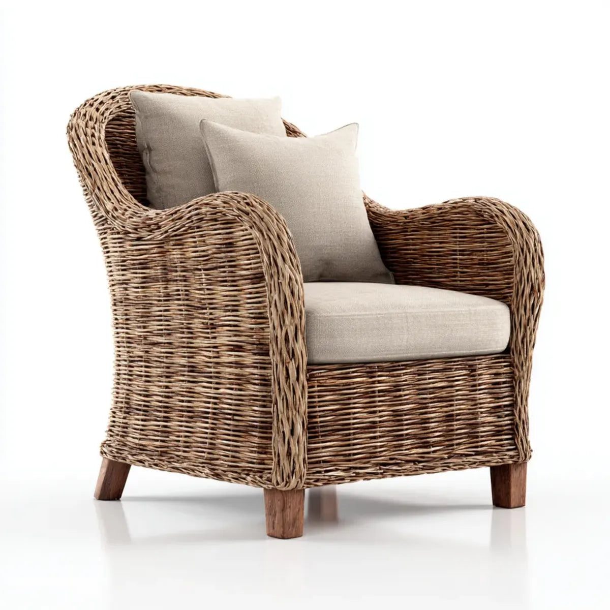 Fotel wypoczynkowy, Krzesło holownicze rattan brązowy z beżową poduszką poliestrową 85 x 80 x 90 cm prostokątny