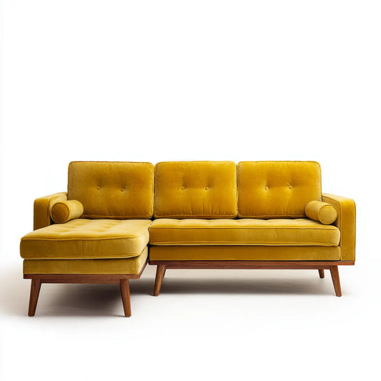 Sofa narożna z musztardą żółtą 3-osobową z recyrem 200 x 145 x 85 cm poliestrowy aksamit kształt litery L