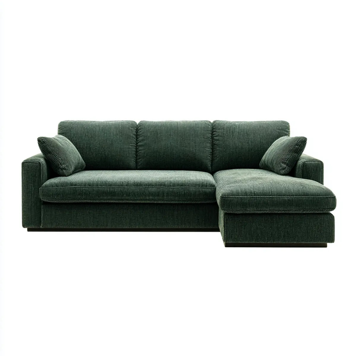 Sofa, Rożna sofa 3 ciemnozielone miejsca w aksamicie na żeberka poliestrowe po prawej 250 x 160 x 85 cm