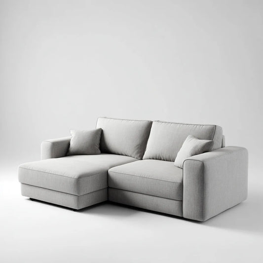Sofa, Kanapa narożna z krzesełkiem z lewym jasnoszarym 230 x 155 x 85 cm w poliestrze i pianie poliuretanowej