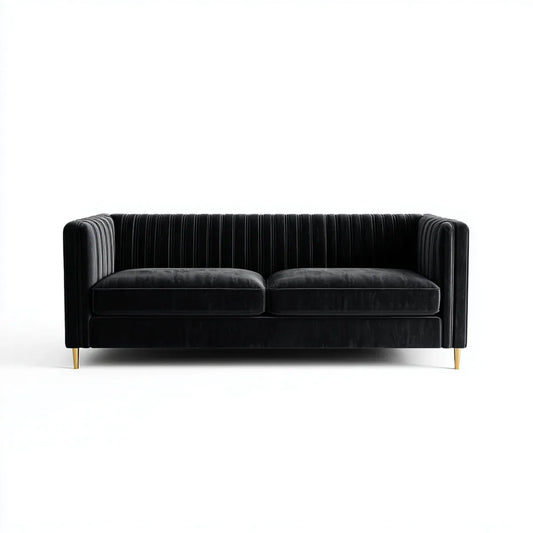 Sofa, Czarna, poliestrowa, aksamitna sofa o kształcie prostokątnym do 180 x 85 x 78 cm