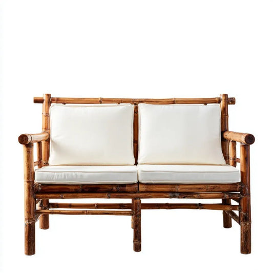 Sofa ogrodowa, 2 fotele ogrodowe sofa w brązowym bambusie z białymi poduszkami, 109 x 70 x 80 cm