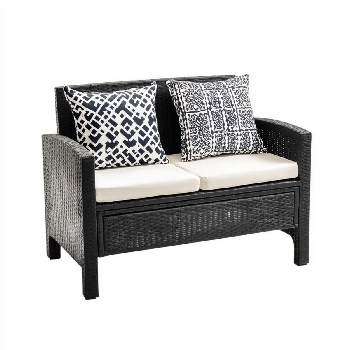 Sofa ogrodowa, 2-osobowa czarny ogrodowy sofa w PE cementowa żywica z kremem z poduszką, 124 x 70 x 80 cm